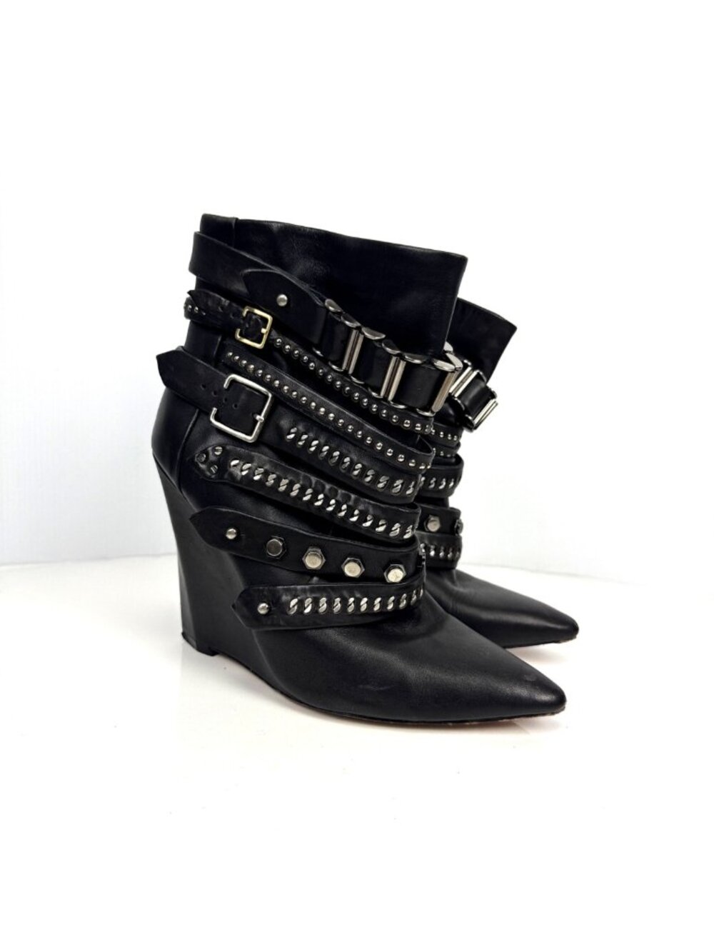 L.A.M.B. by Gwen Stefani Leather Thaker Studded Moto Wedge Ankle Boots Black 7.5 - Picture 3 of 13